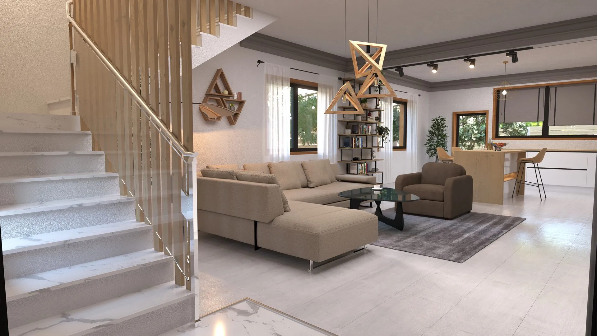 Living cu scara si bucatarie