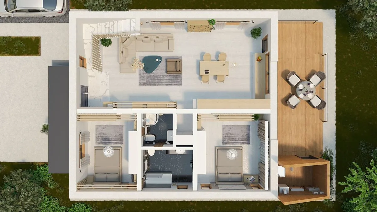 Plan parter ROA - Dormitoare, Living, Bucatarie, Bai